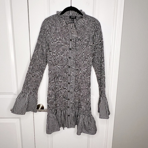 J. Crew Smocked button-up mini dress in gingham plaid Size S black white cotton - Picture 5 of 12